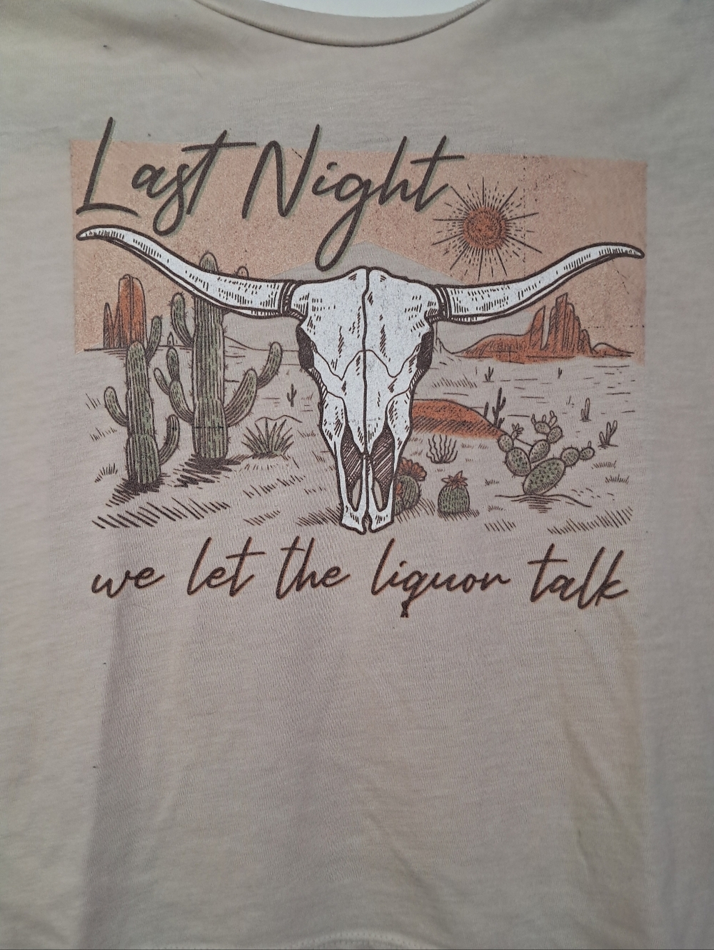 Boho Morgan Wallen "Last Night" Song Lyric Desert Skull Cropped Graphic Tee - Picture 3 of 4